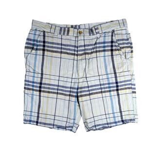 Caribbean Brand Men's Shorts Blue Plaid Linen Blend Size 38 Beach Cruise Golf